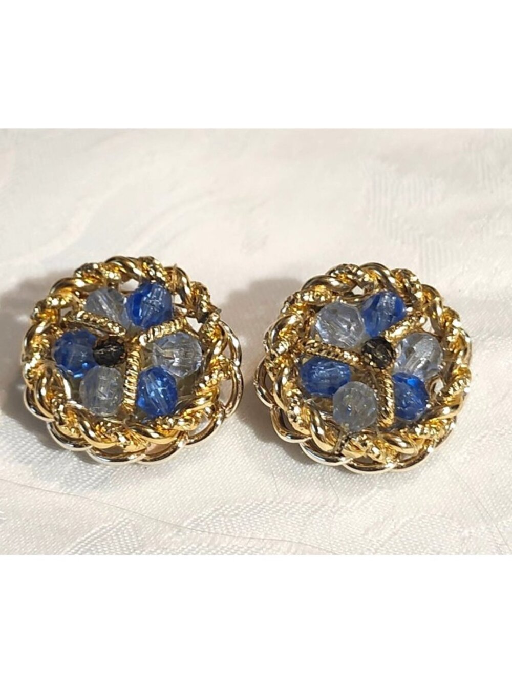 Vintage West German Gold Tone Clip-On Earrings Blue & Clear Beads
